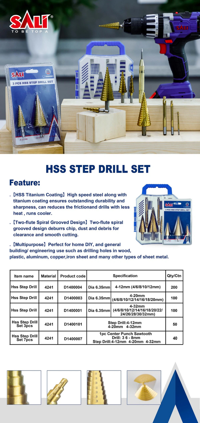 HSS Step Drill Bit 3pcs SET Spiral, 4 - 32mm; Sali - Image 4